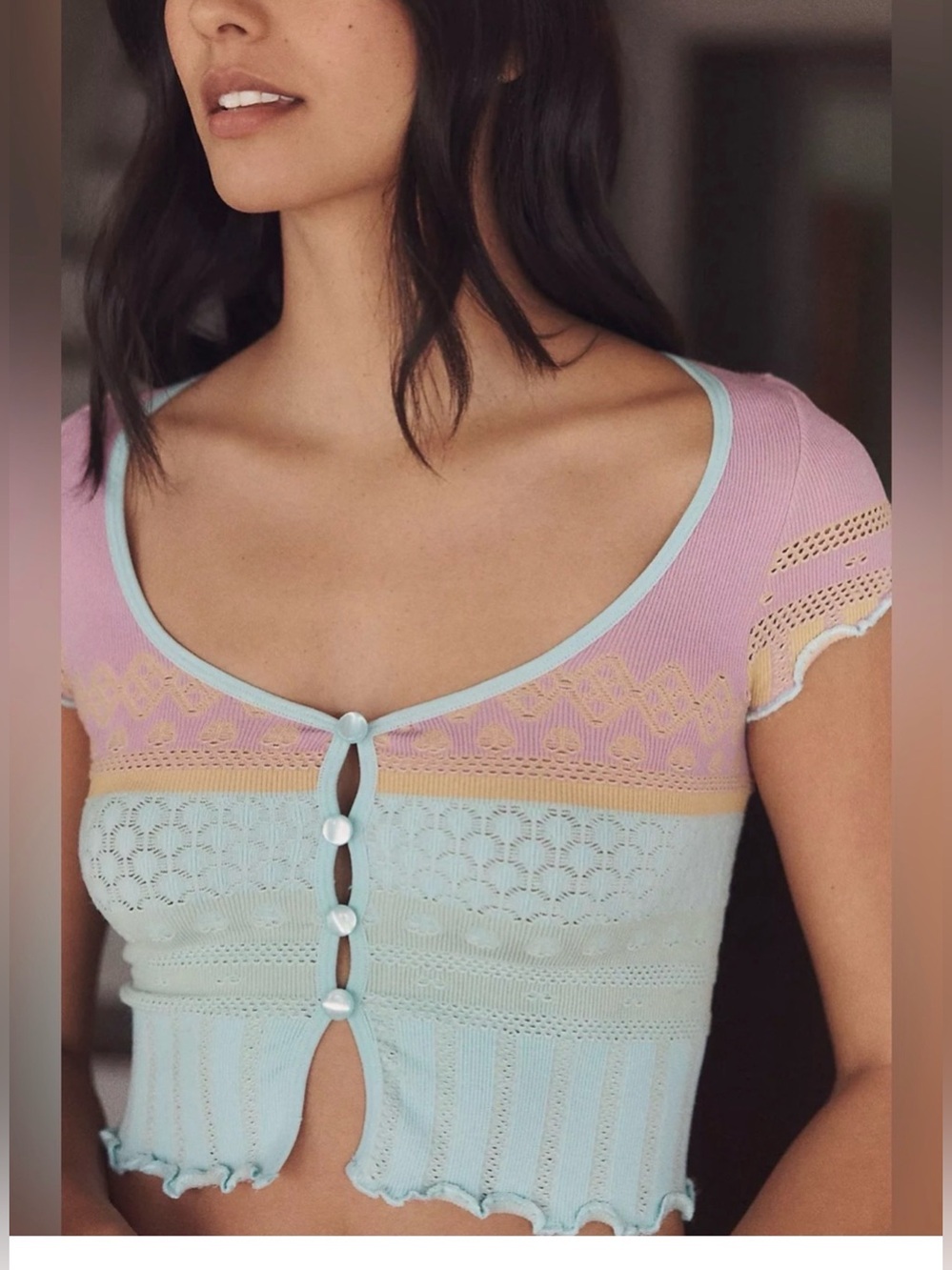 NWT Anthropologie Lyrebird Sz L/XL Cropped Seamless Textured Button Front Top